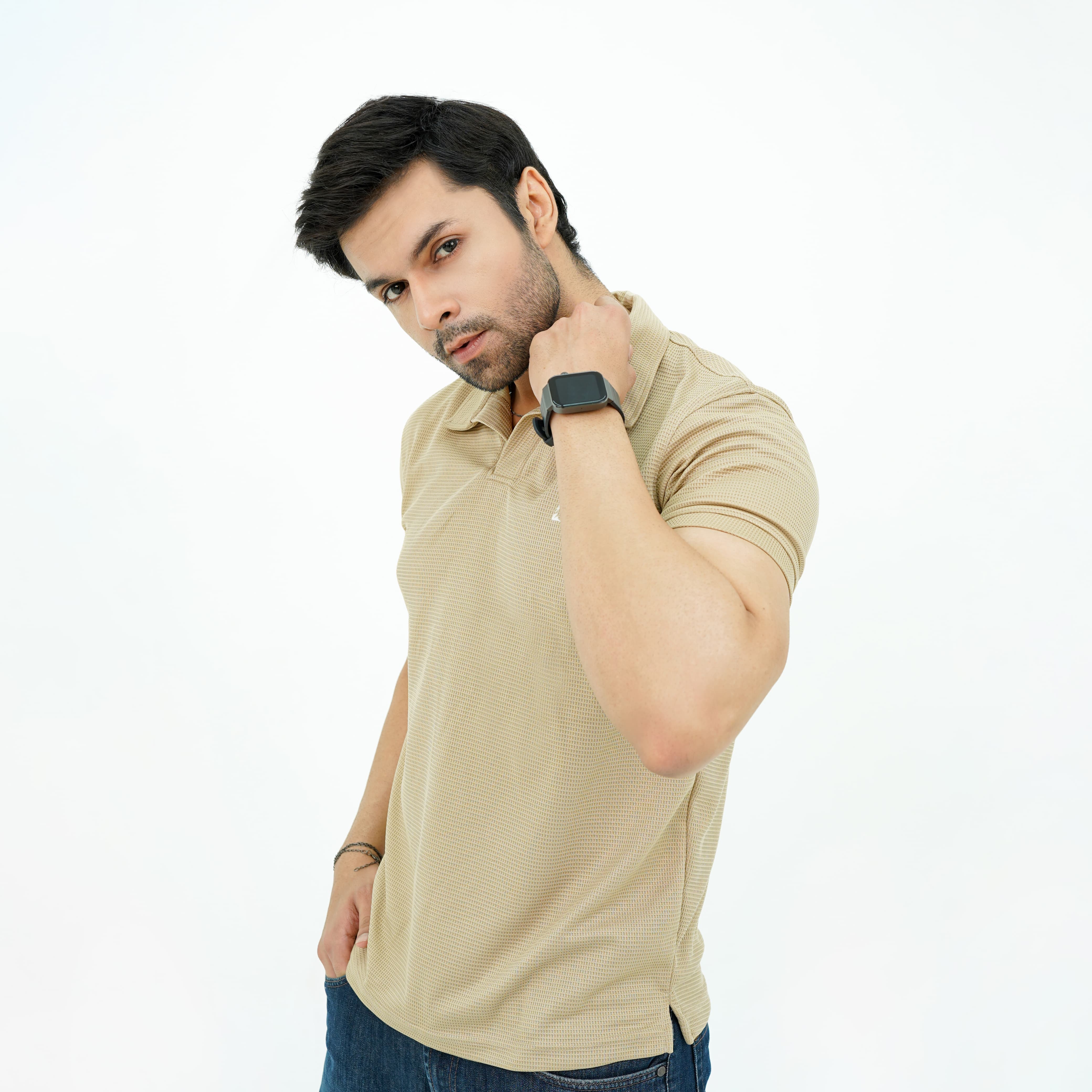Zaimoon Waffle V-Neck Polo – Beige color