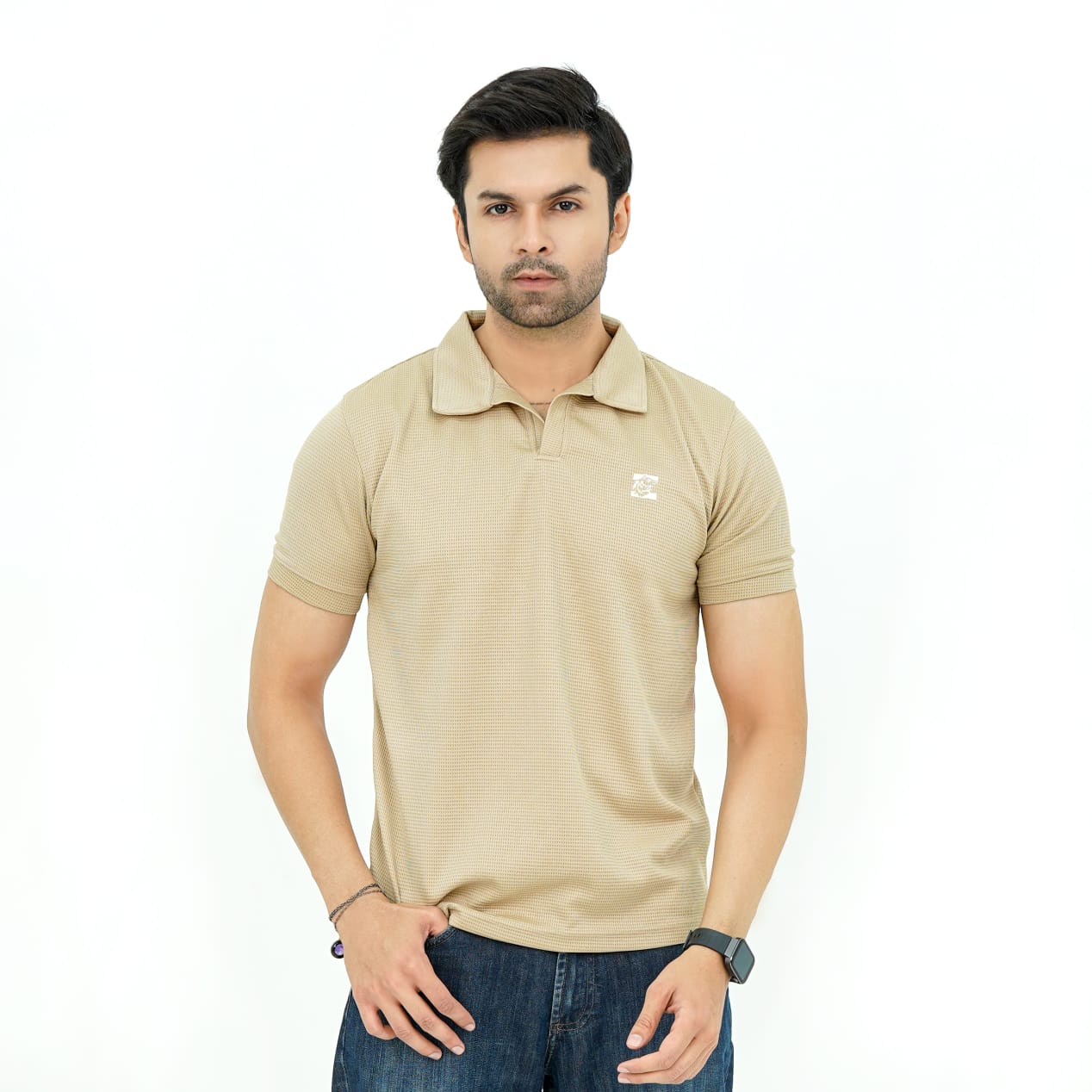 Zaimoon Waffle V-Neck Polo – Beige color