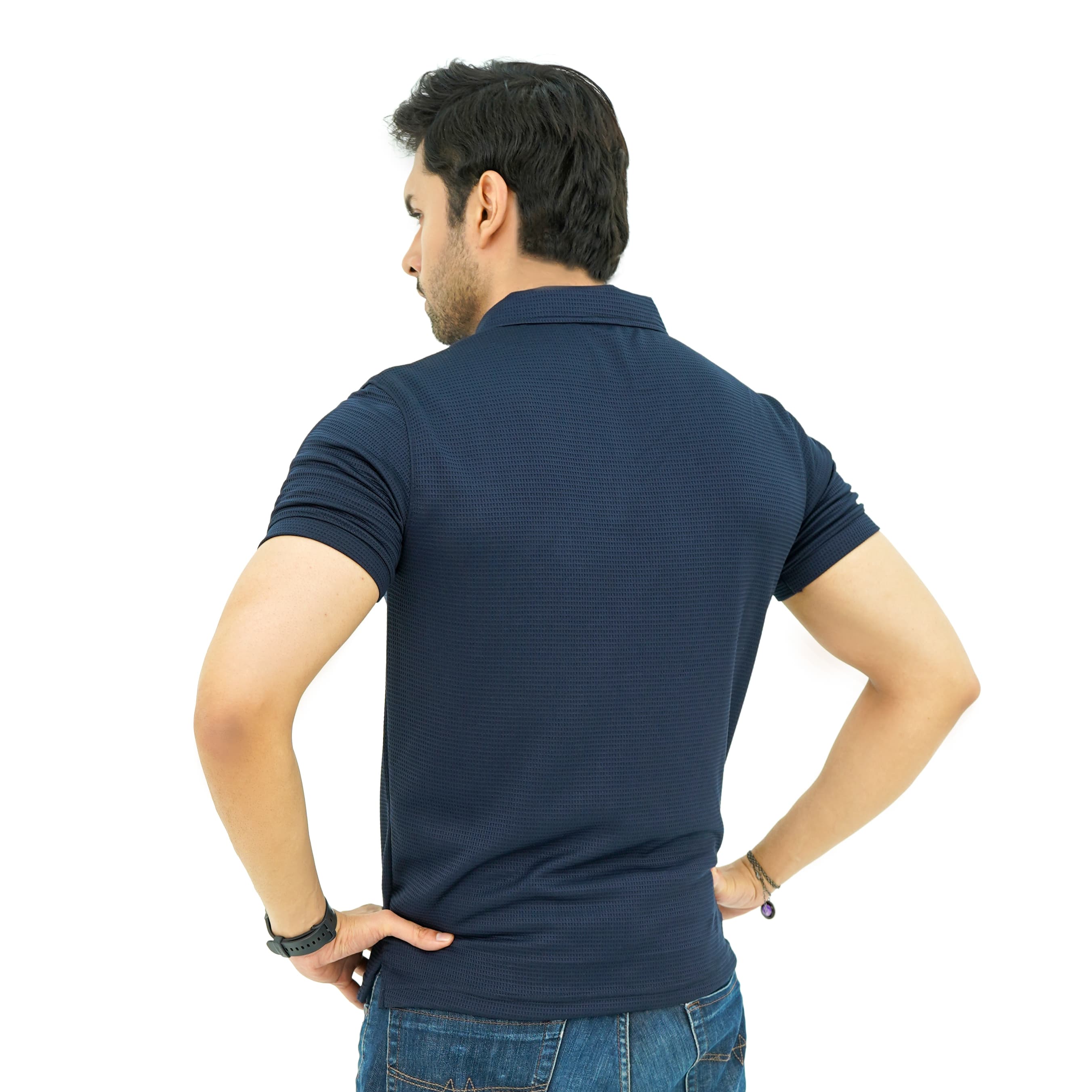 Zaimoons waffle zipper polo navy blue color