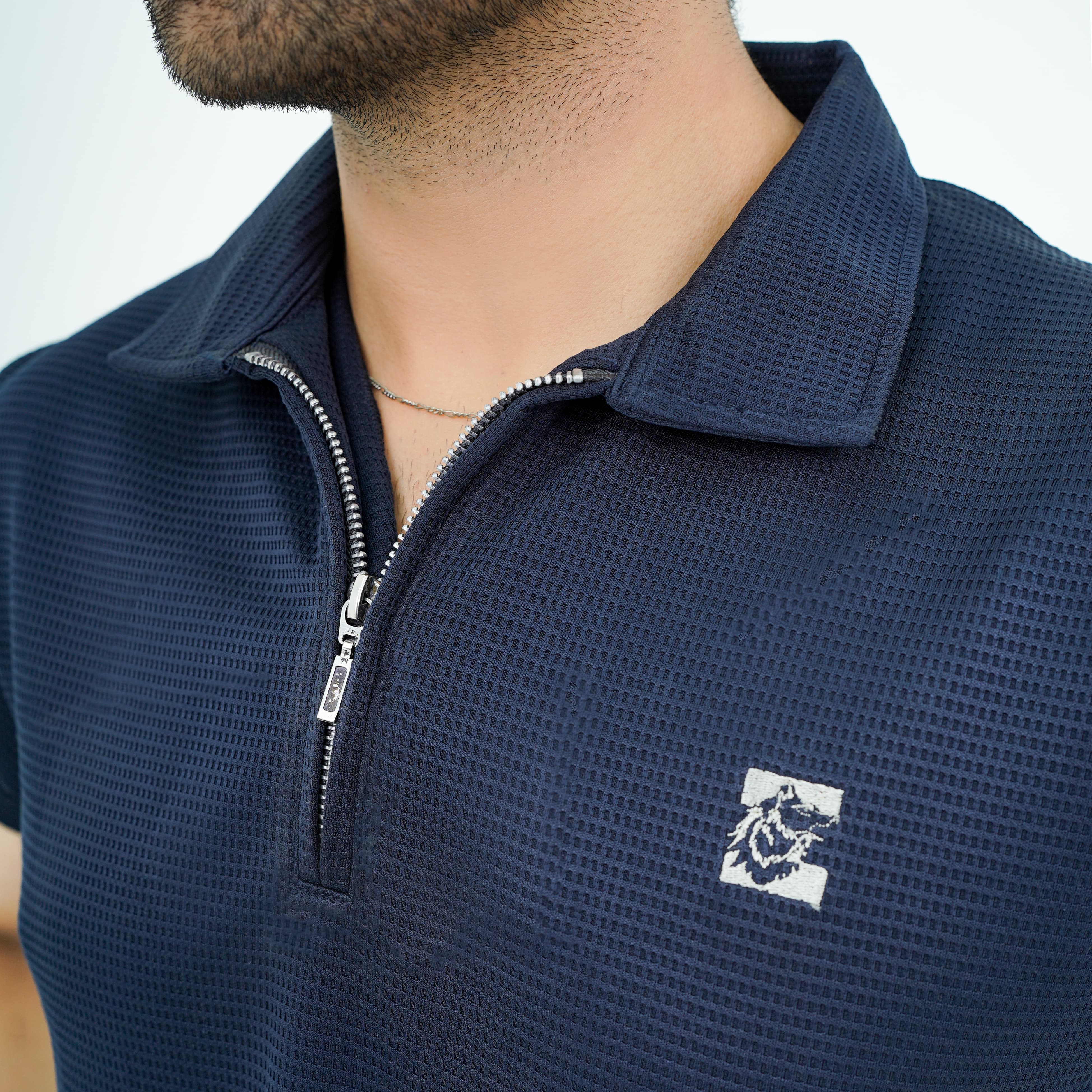 Zaimoons waffle zipper polo navy blue color
