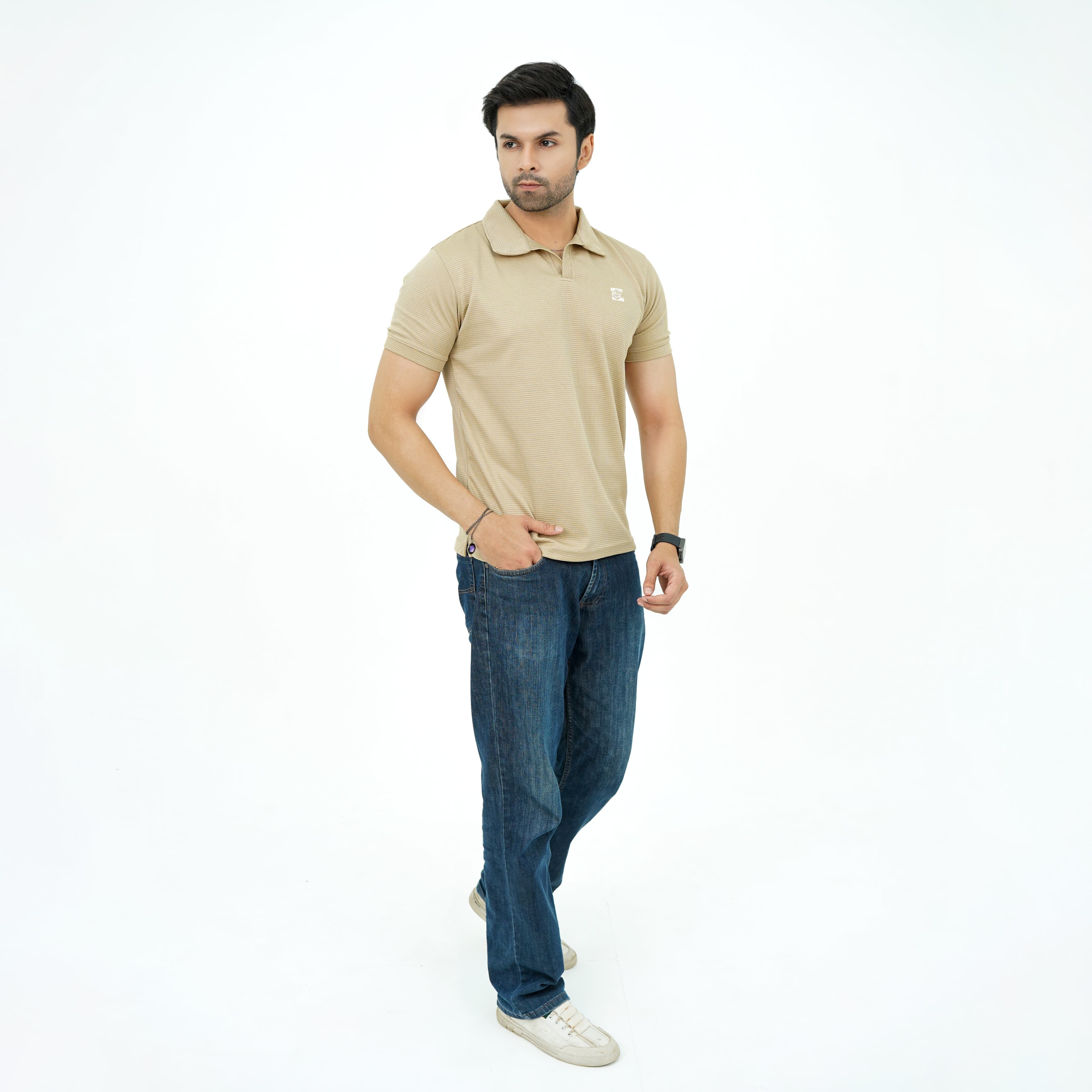 Zaimoon Waffle V-Neck Polo – Beige color