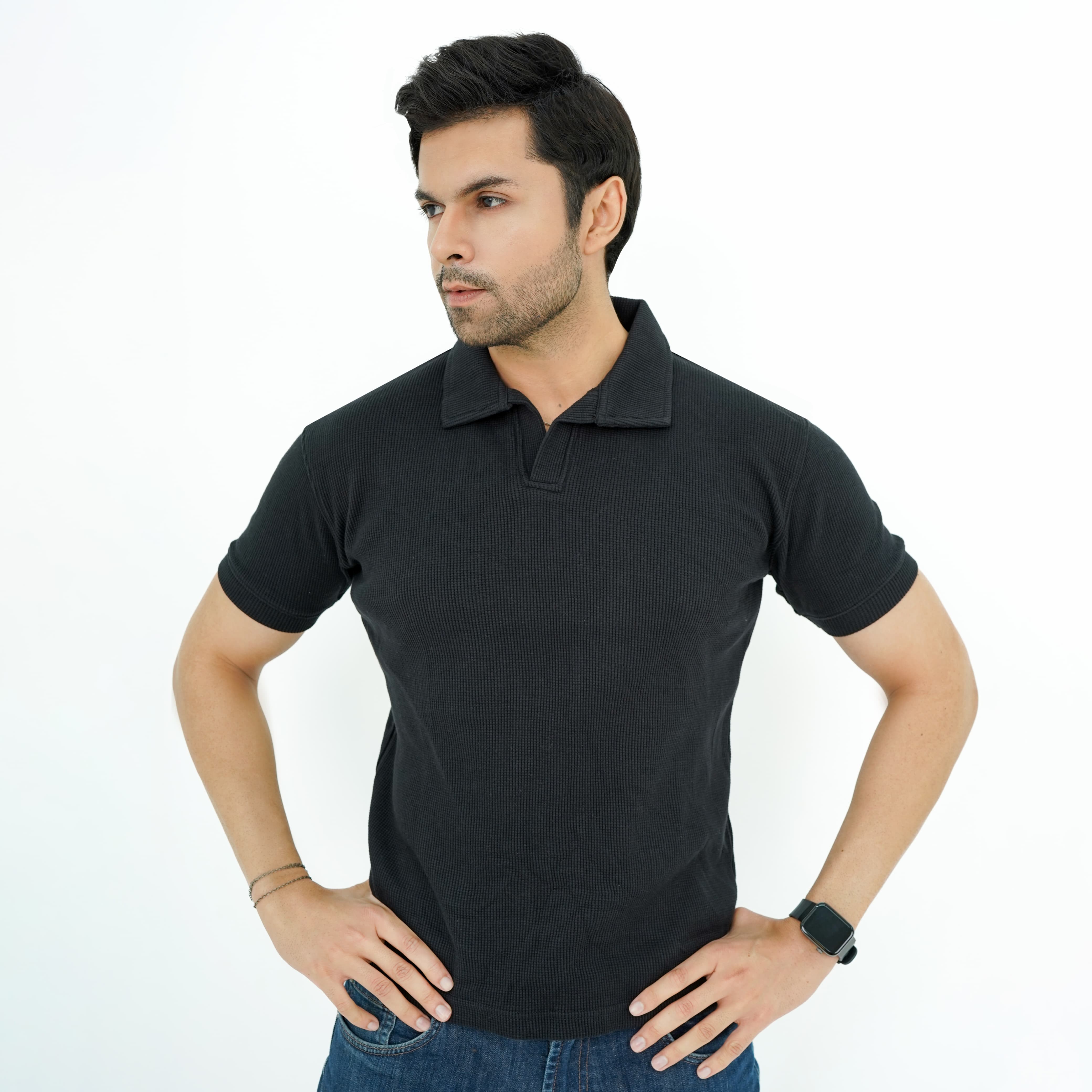 Zaimoon Thermal V Neck black color  polo shirt