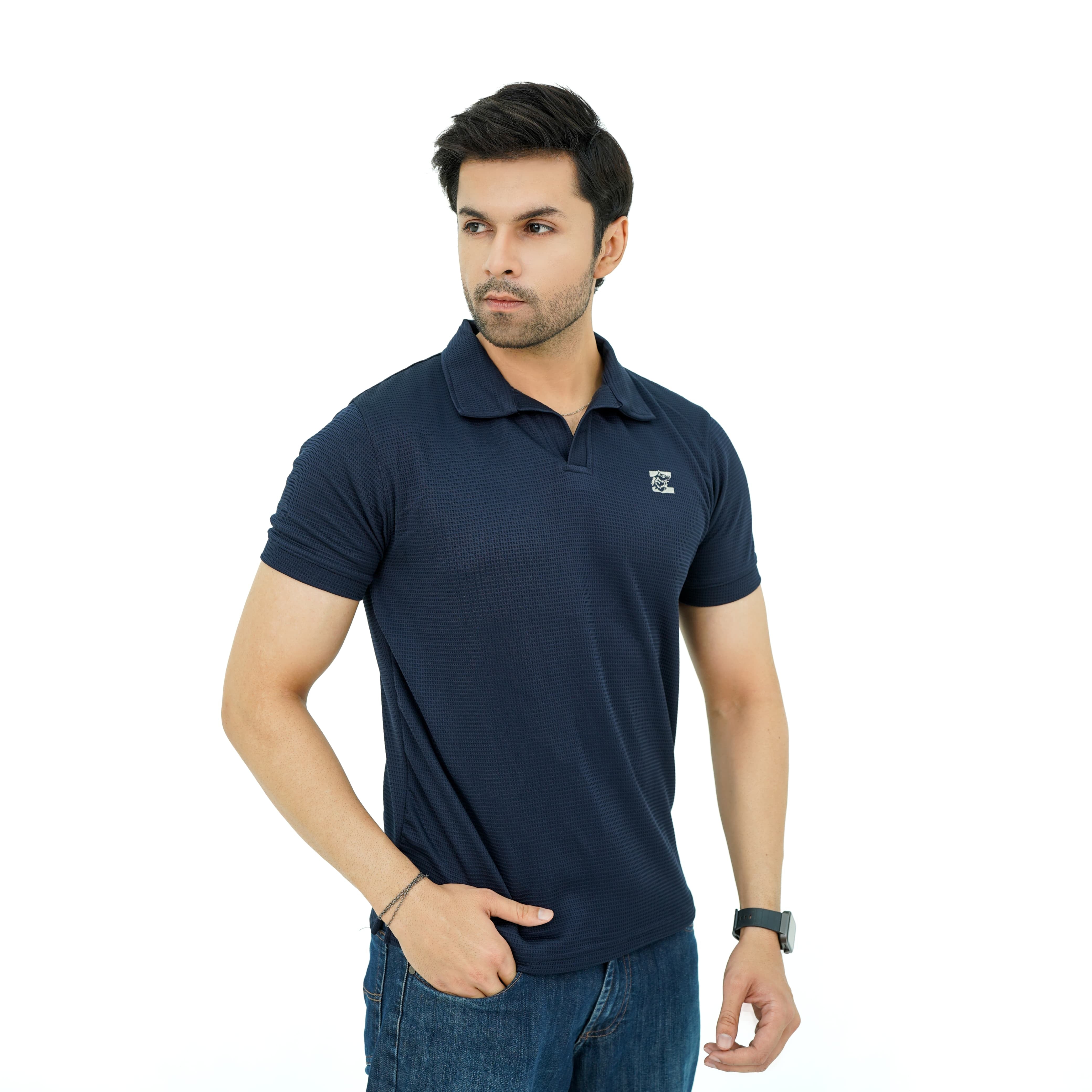Zaimoons waffle zipper polo navy blue color