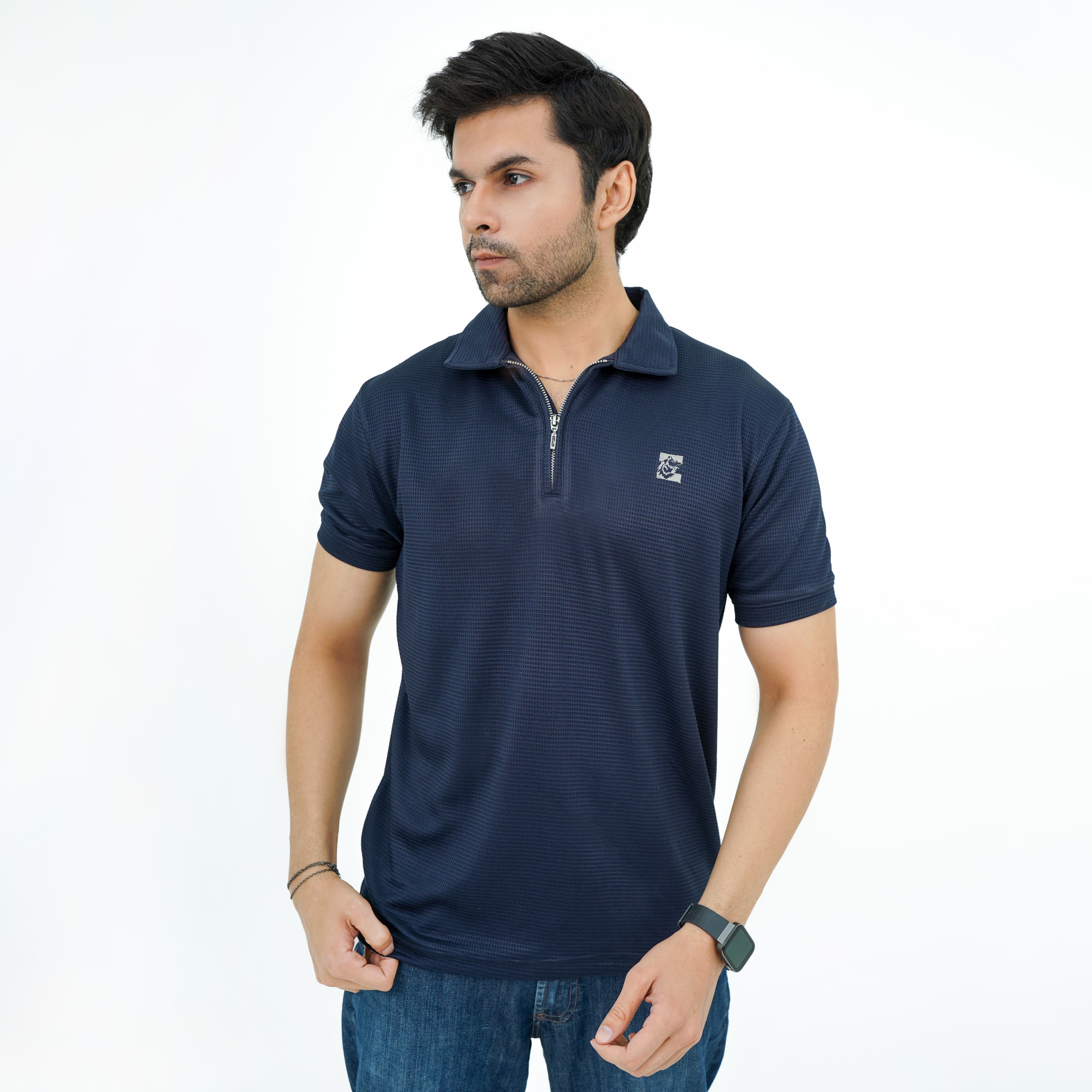Zaimoons waffle zipper polo navy blue color
