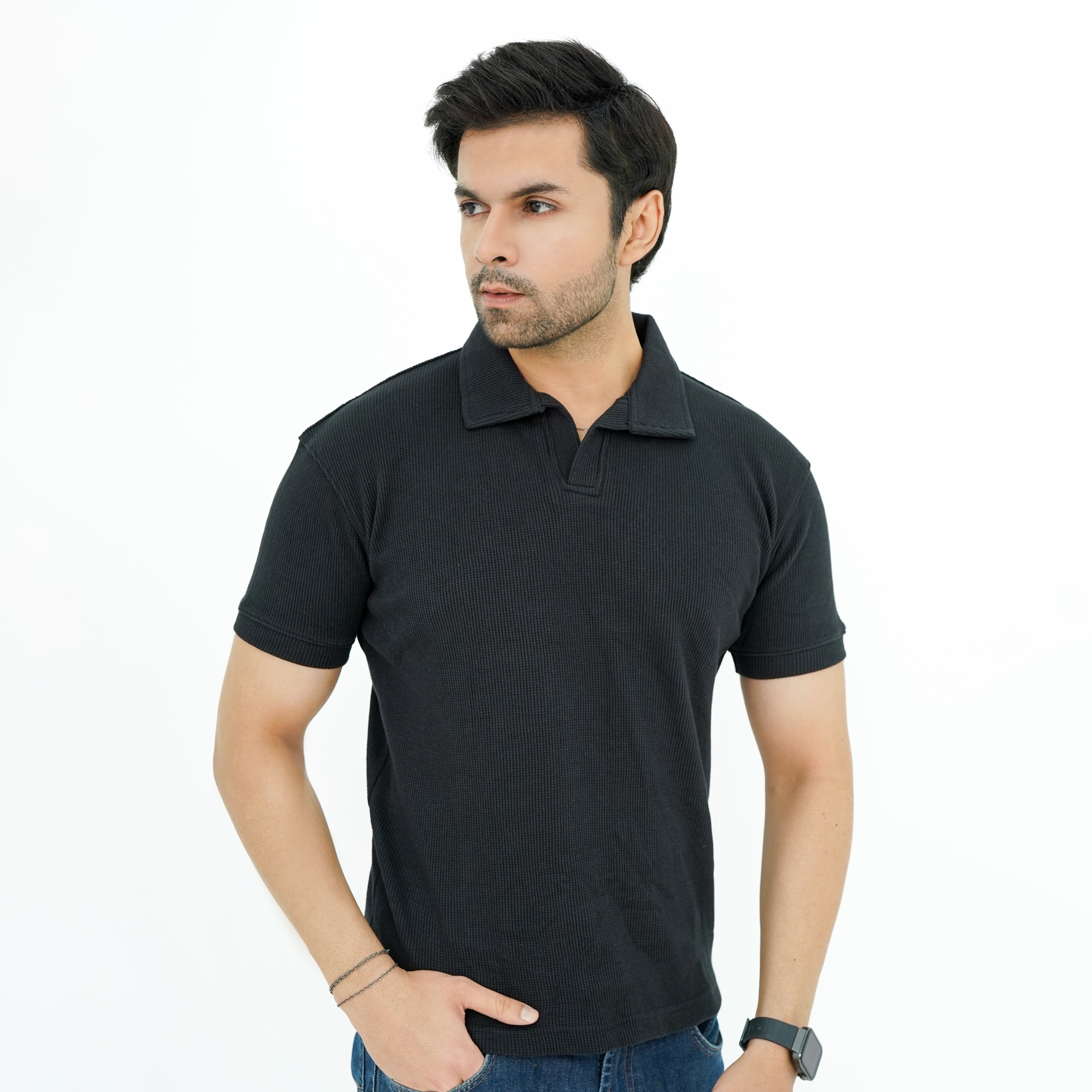 Zaimoon Thermal V Neck black color  polo shirt